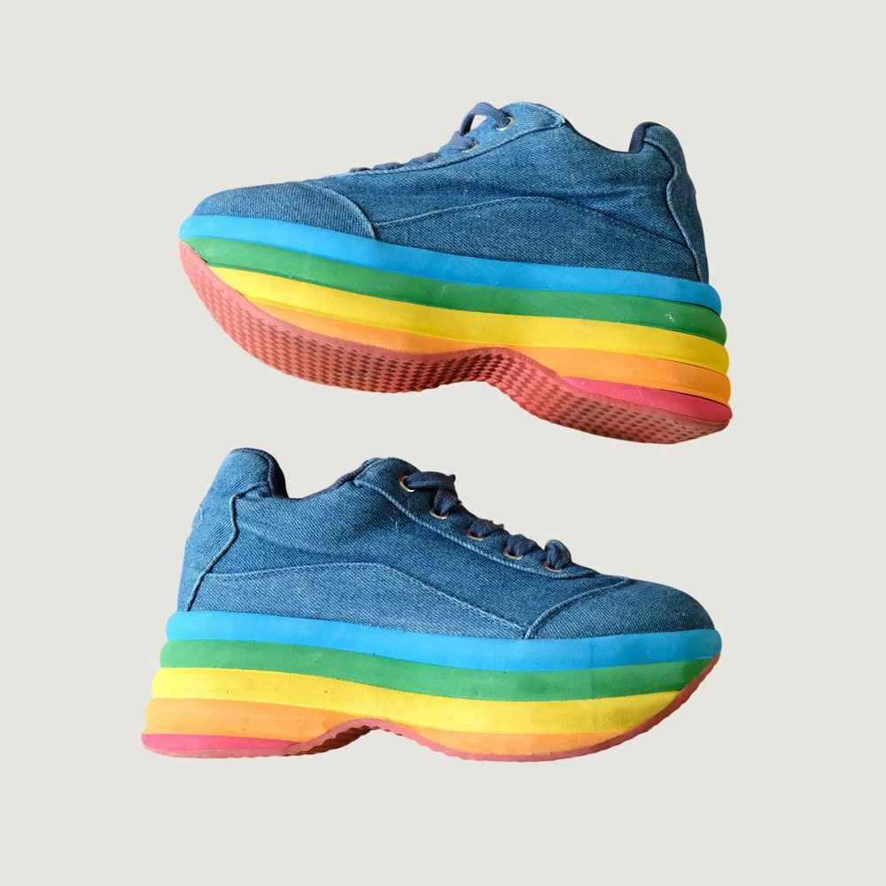 Jeffrey Campbell Brainy Rainbow Platform Blue Denim Canvas Sneakers Size 7.5